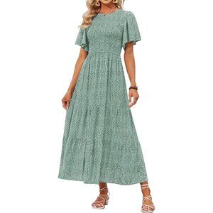 Women's Green Summer Casual Floral Print Short Flutter Sleeve Flowy Maxi Dress